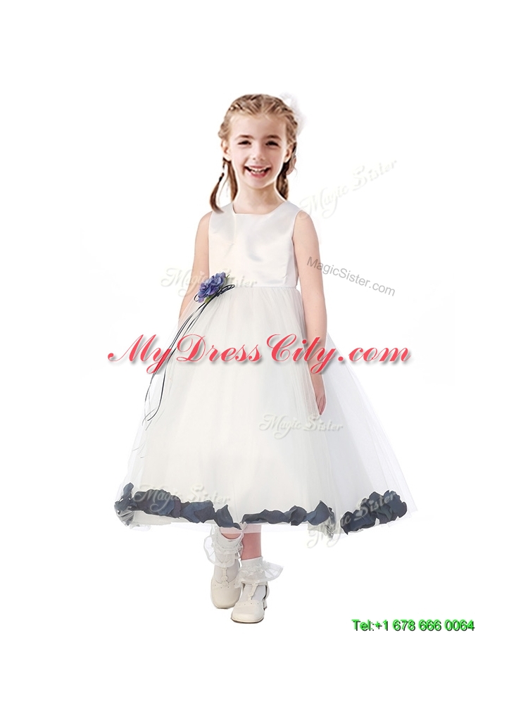 Romantic Scoop Flower Girl Dress with Hand Made Flowers and Appliques