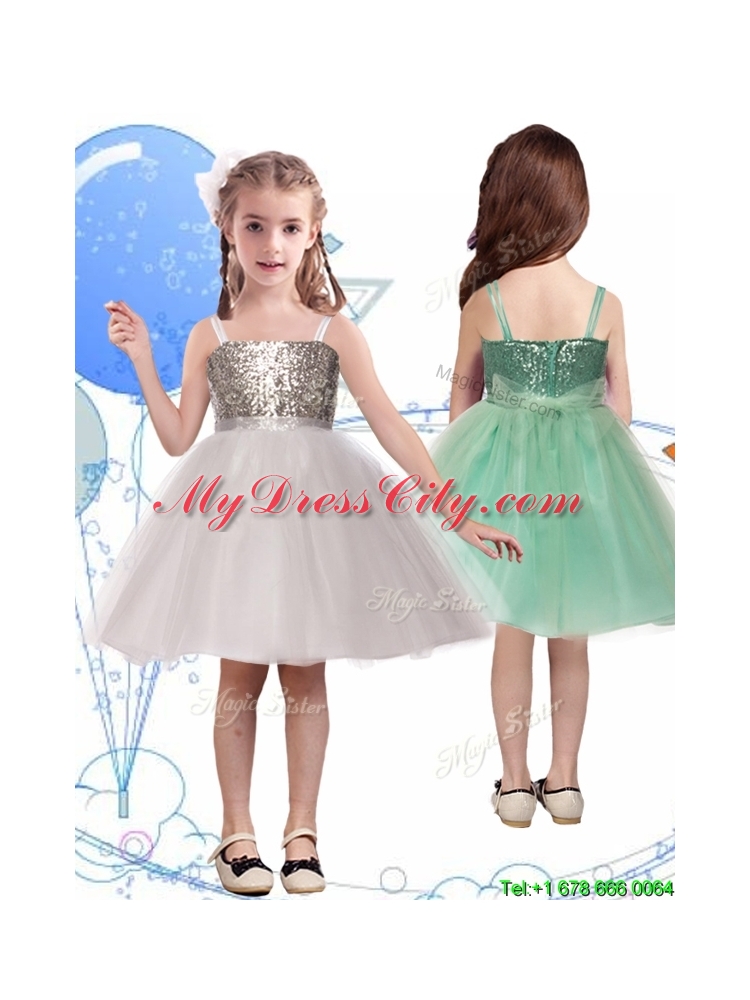 Wonderful Spaghetti Straps Flower Girl Dress with Sequins and Sashes