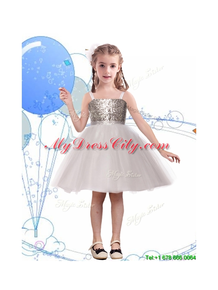 Wonderful Spaghetti Straps Flower Girl Dress with Sequins and Sashes