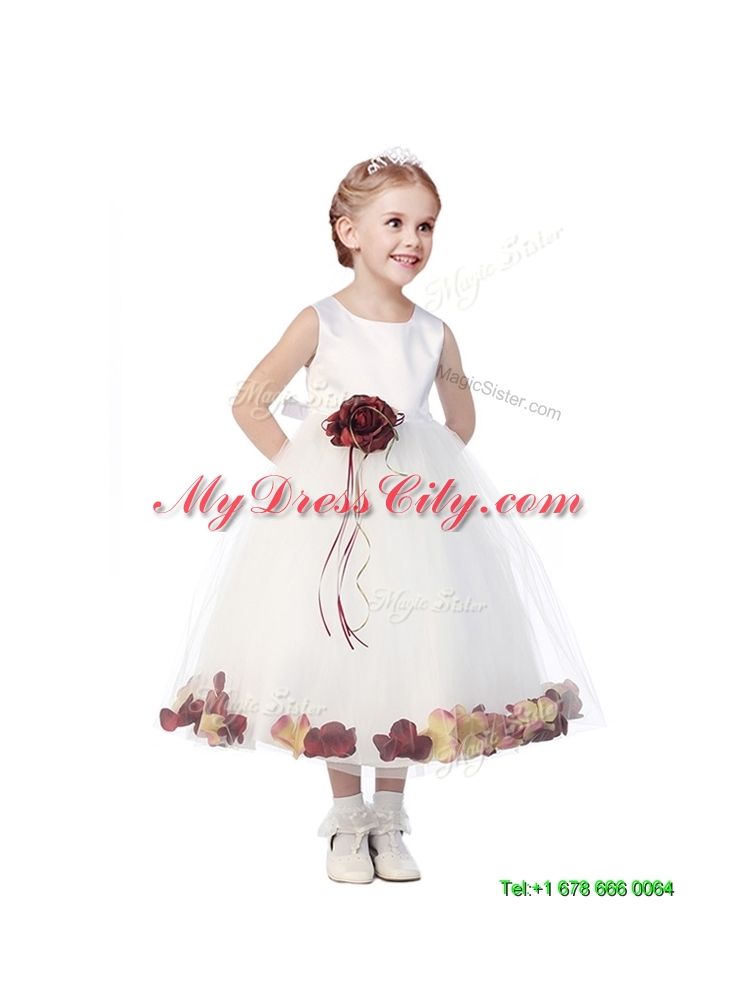 Wonderful Tulle Scoop Flower Girl Dress with Hand Made Flowers and Appliques