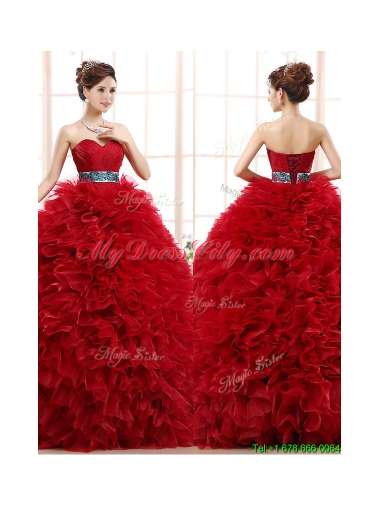 Best Selling Sashed and Ruffled Quinceanera Dress in Wine Red