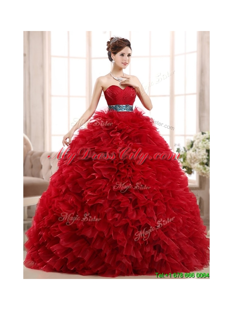 Best Selling Sashed and Ruffled Quinceanera Dress in Wine Red