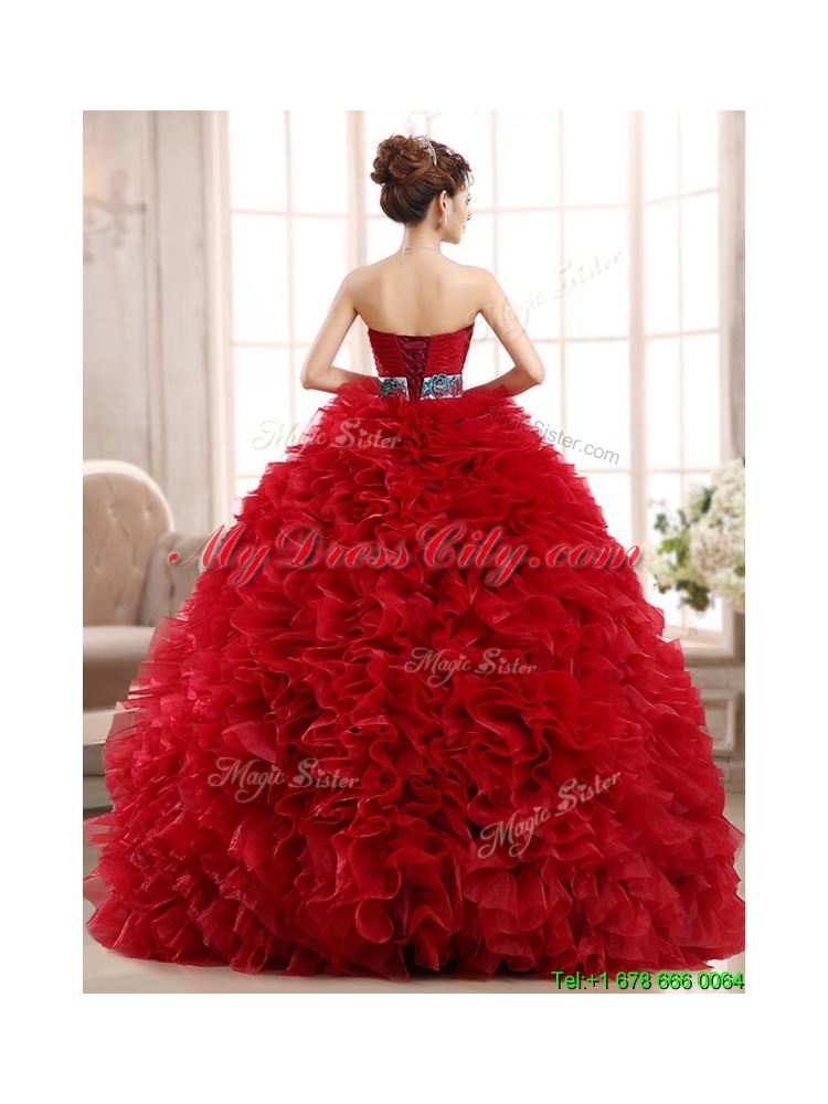 Best Selling Sashed and Ruffled Quinceanera Dress in Wine Red