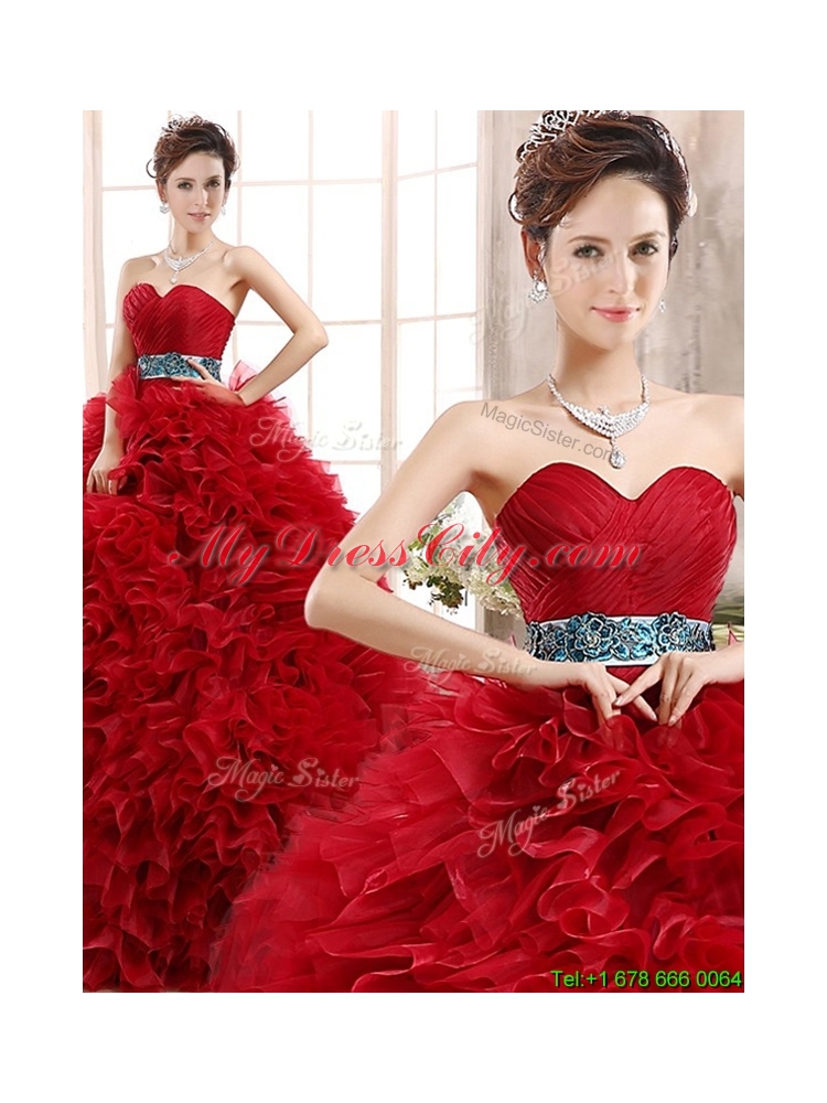 Best Selling Sashed and Ruffled Quinceanera Dress in Wine Red