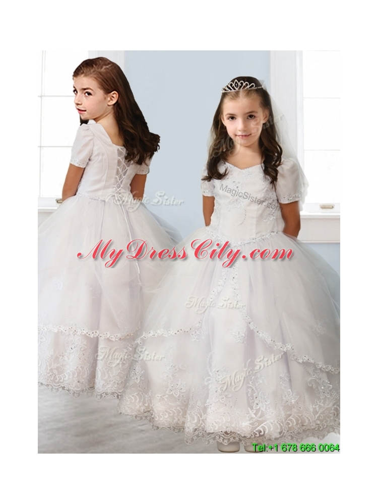 Best Square Short Sleeves White Mini Quinceanera Dress with Beading and Appliques