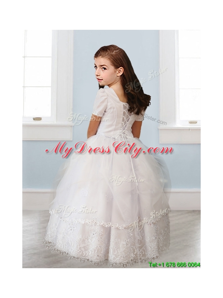 Best Square Short Sleeves White Mini Quinceanera Dress with Beading and Appliques