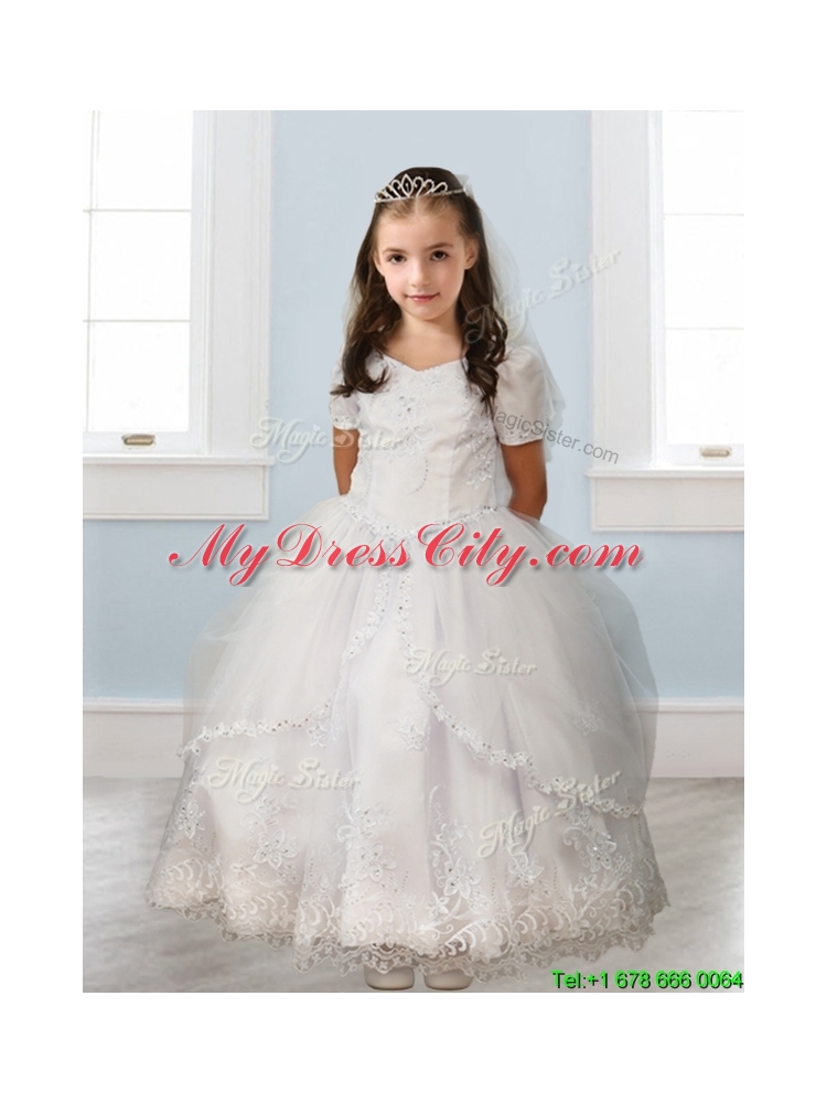 Best Square Short Sleeves White Mini Quinceanera Dress with Beading and Appliques