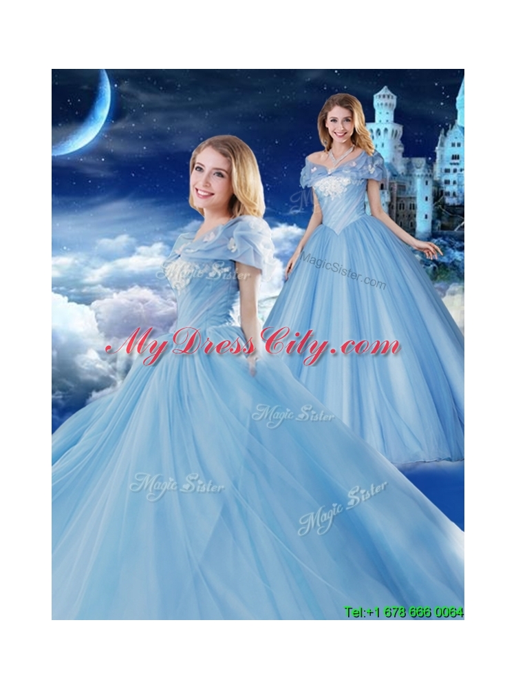 Elegant Off the Shoulder Applique Sweet 15 Gown with Brush Train