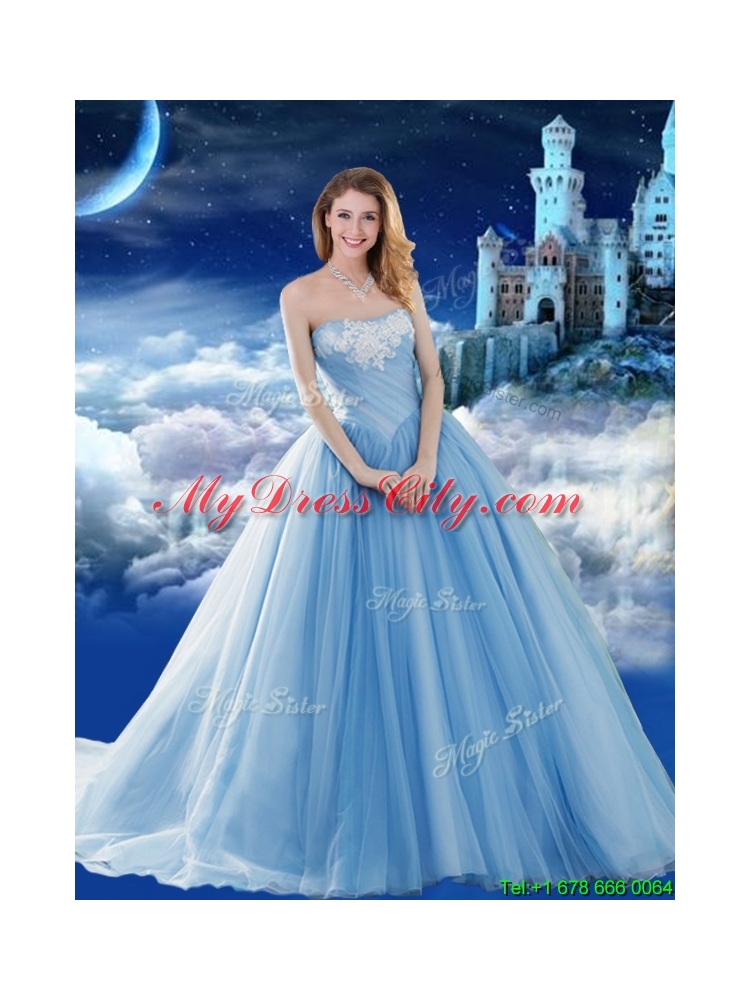 Elegant Off the Shoulder Applique Sweet 15 Gown with Brush Train