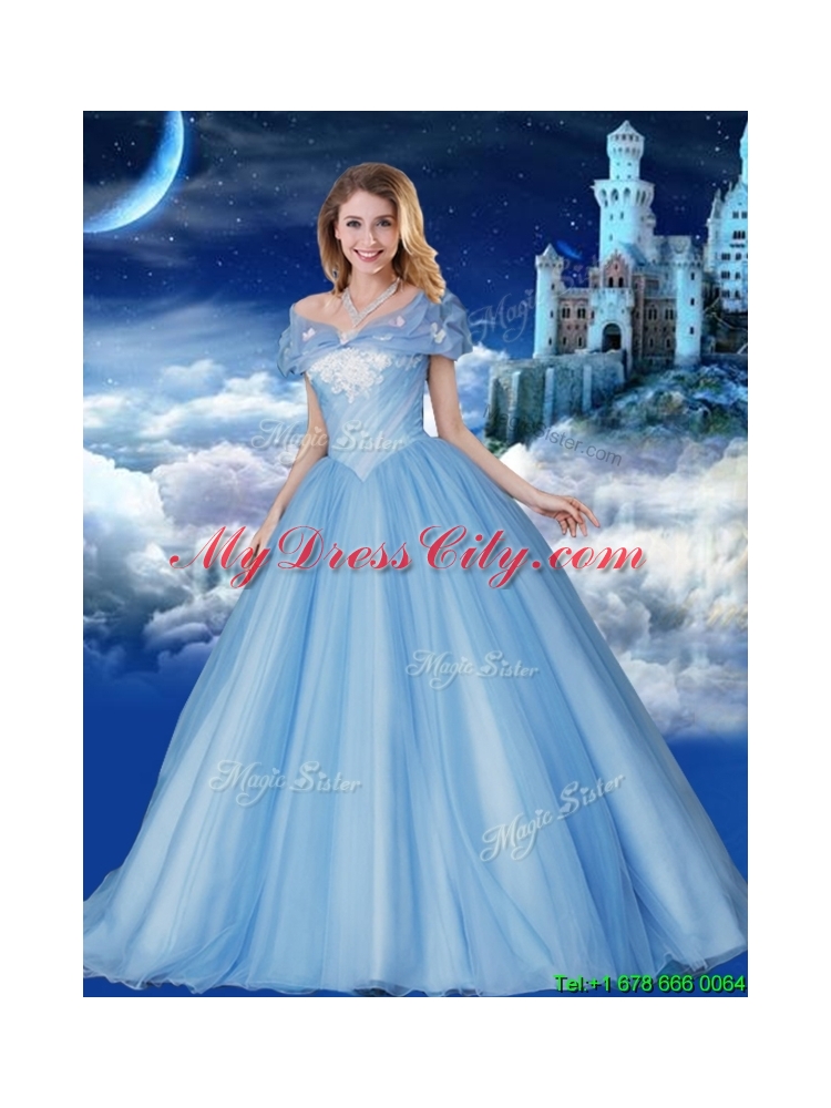 Elegant Off the Shoulder Applique Sweet 15 Gown with Brush Train