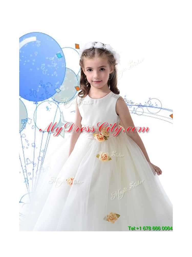 Luxurious Scoop White Mini Quinceanera Dress with Sashes and Hand Made Flowers