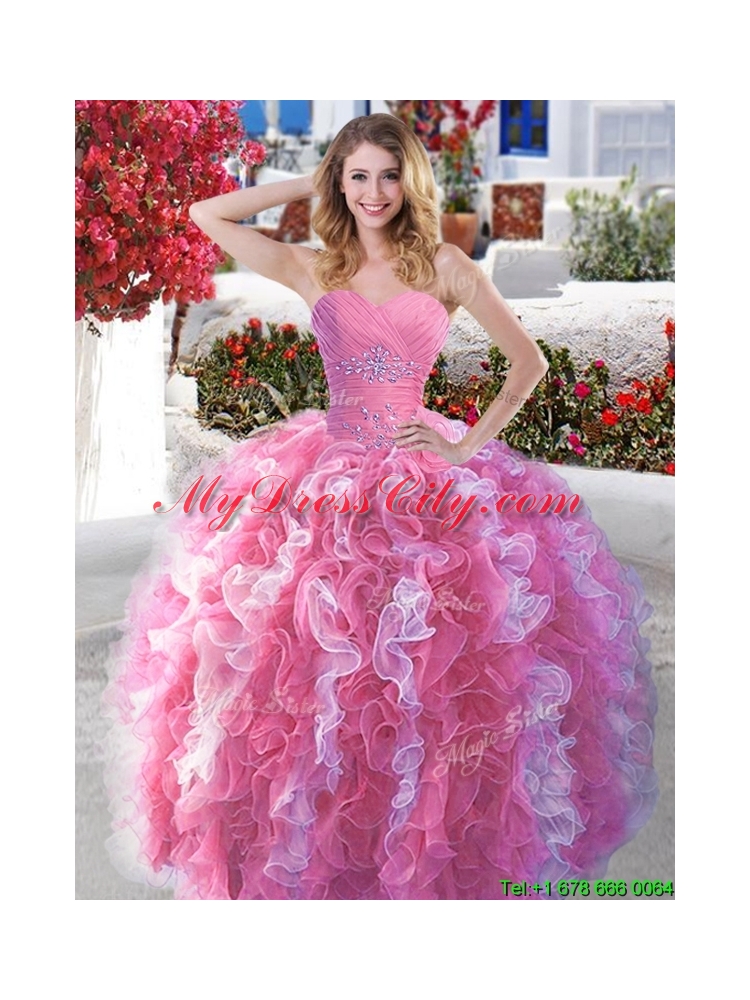 Elegant Rose Pink and White Sweet 16 Dress with Beading and Ruffles