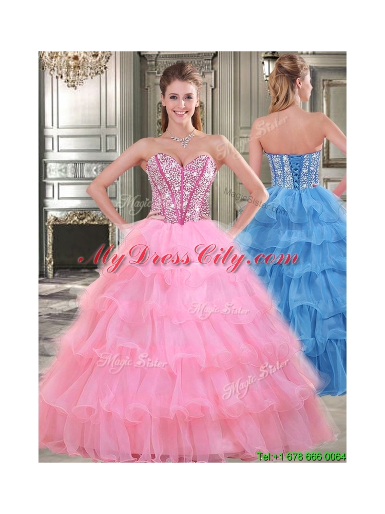 Exquisite Rose Pink Quinceanera Dress with Beading and Ruffled Layers