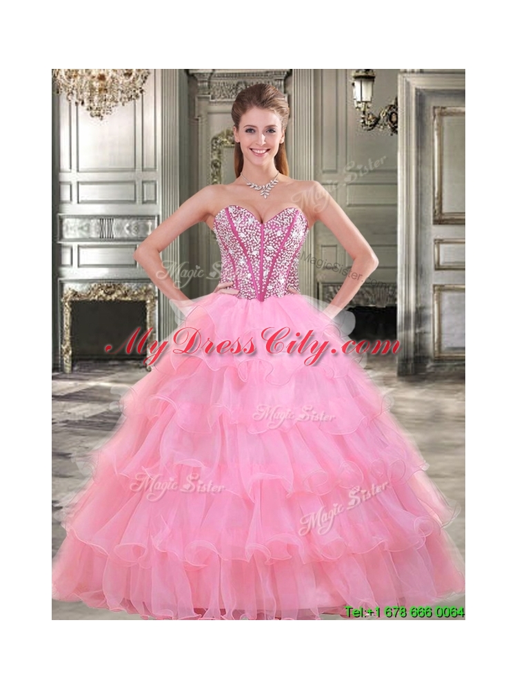 Exquisite Rose Pink Quinceanera Dress with Beading and Ruffled Layers