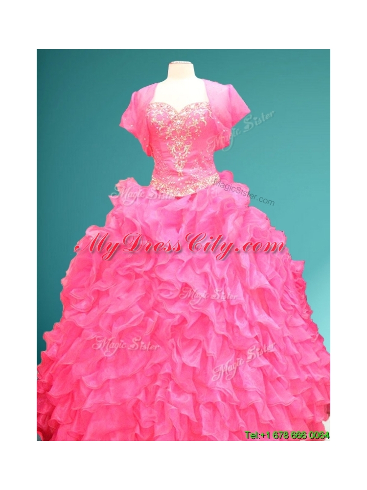 Hot Sale Beaded and Ruffled Sweet 16 Gown in Hot Pink