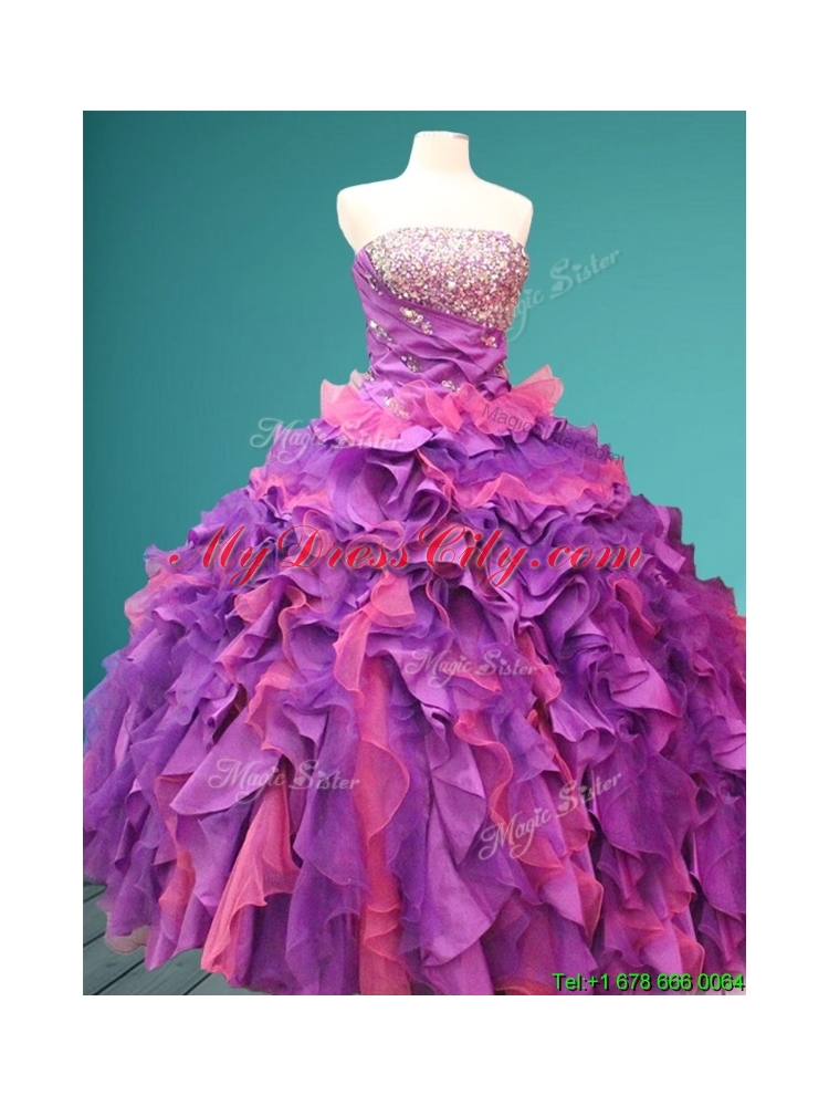 In Stock Beaded and Ruffled Quinceanera Dress with Strapless