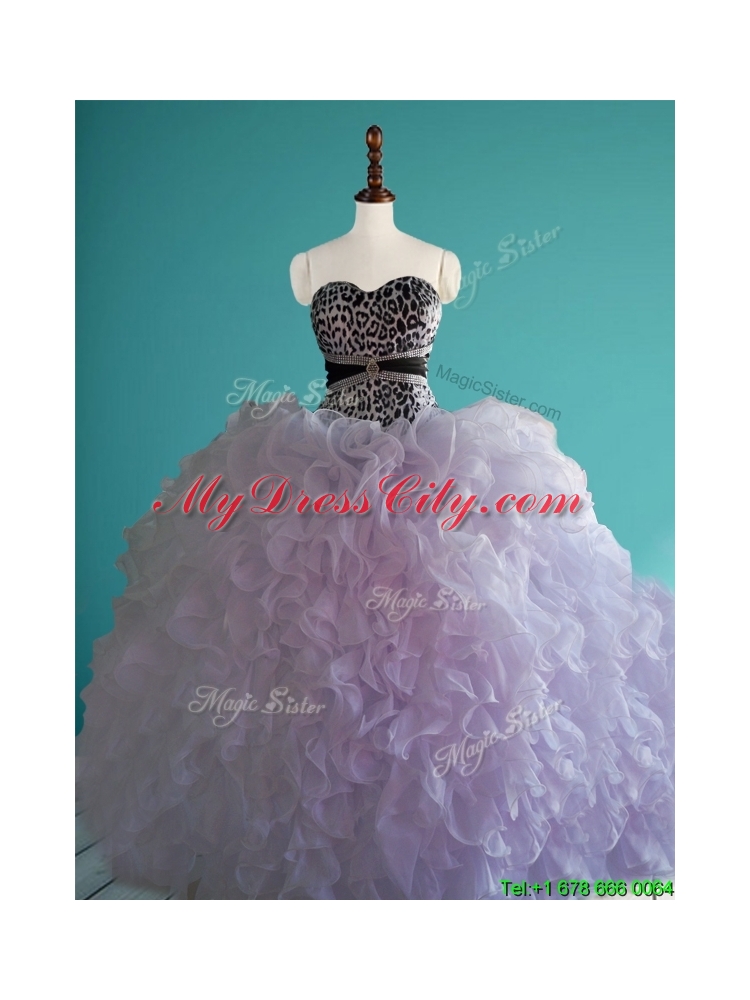 In Stock Leopard Big Puffy Beaded and Ruffled Quinceanera Dress