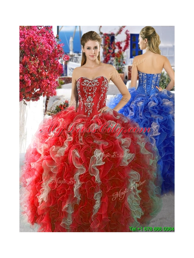 Lovely Red and White Quinceanera Dress with Beading and Ruffles