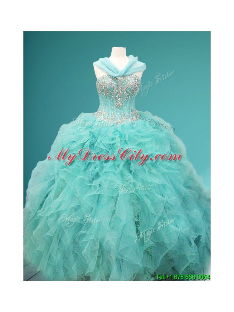 Luxurious Visible Boning Beaded and Ruffled Sweet 15 Gown in Apple Green