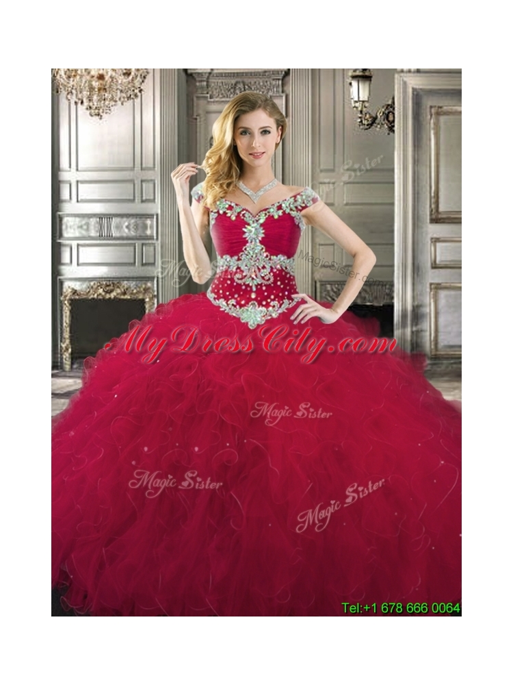 New Style Off the Shoulder Wine Red Quinceanera Dress with Beading and Ruffles