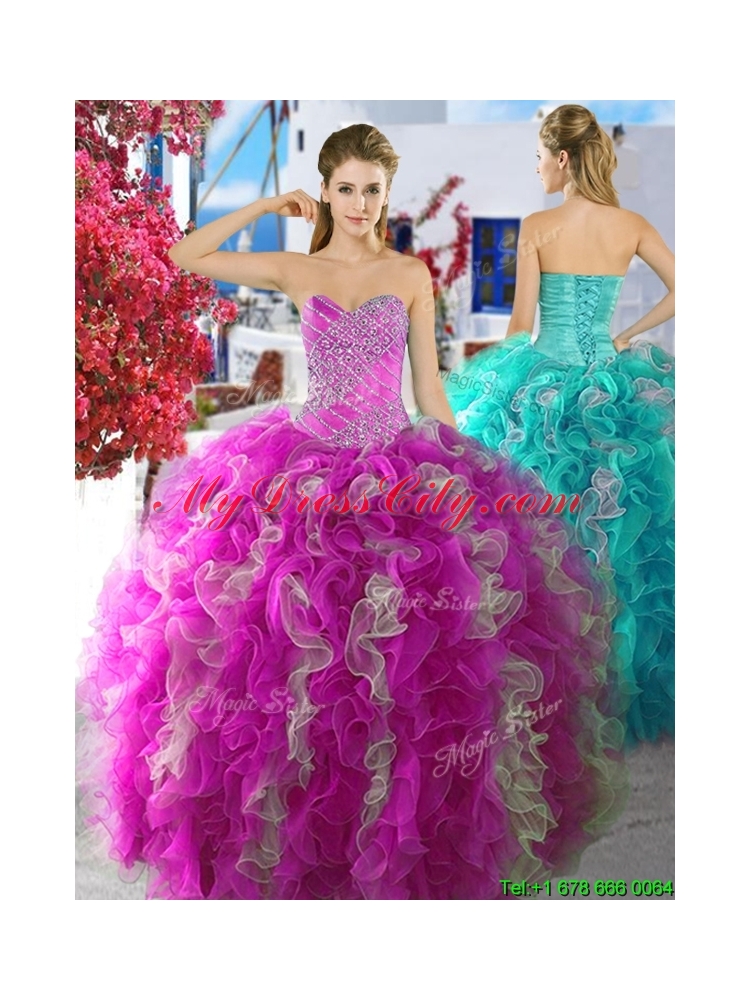 Perfect Fuchsia and White Quinceanera Dress with Beading and Ruffles