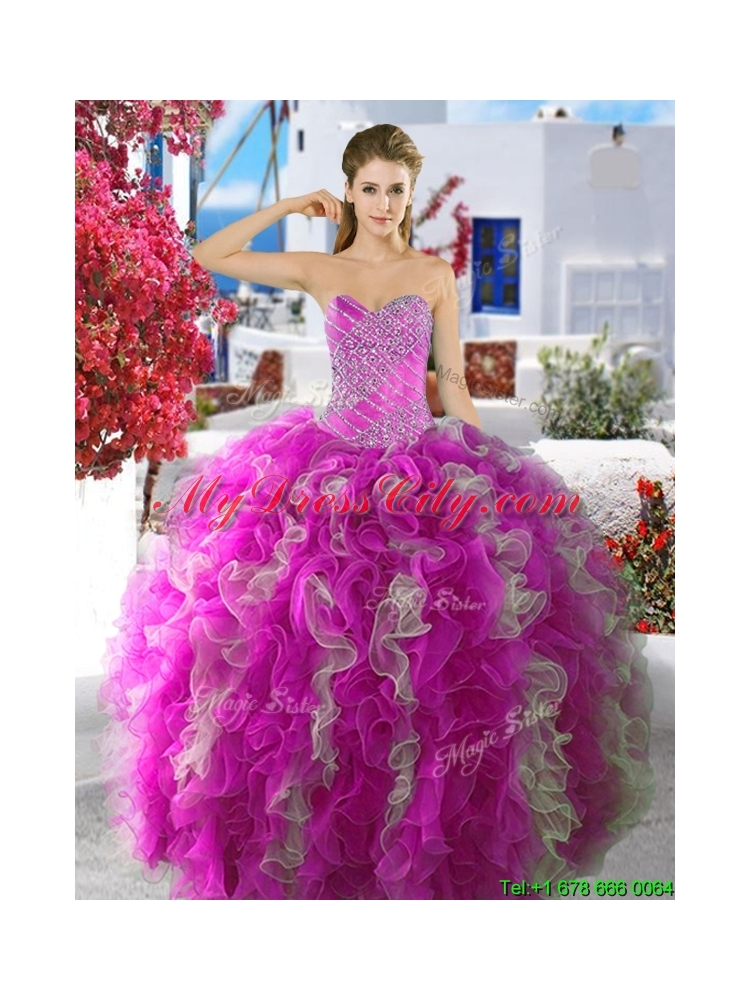 Perfect Fuchsia and White Quinceanera Dress with Beading and Ruffles