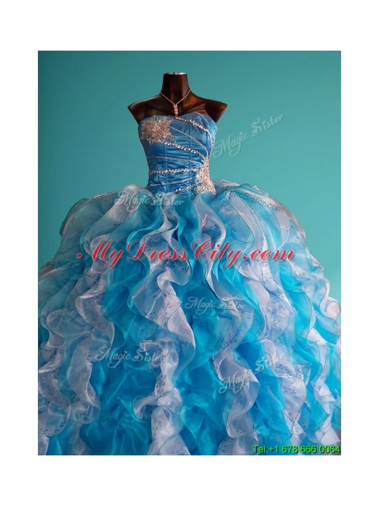 Pretty Beaded and Ruffled Big Puffy Sweet 15 Gown in White and Blue