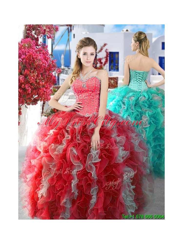 Unique Really Puffy Beaded and Ruffled Sweet 16 Dress in Organza