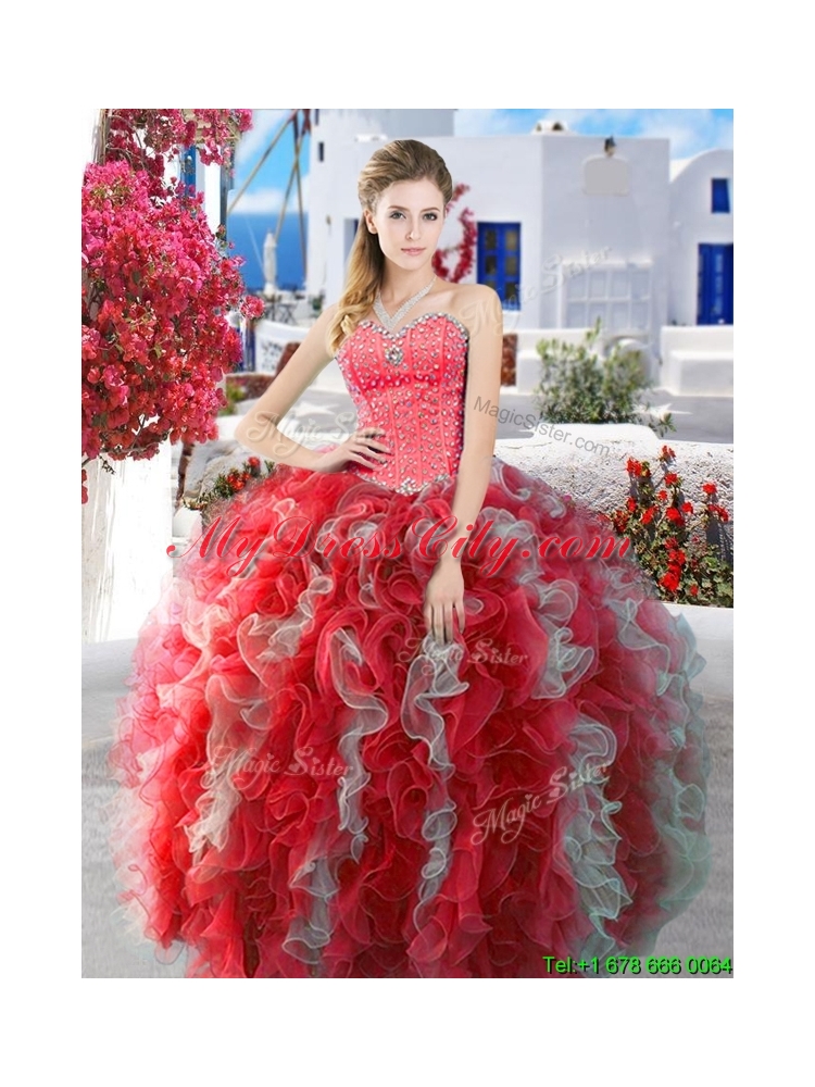 Unique Really Puffy Beaded and Ruffled Sweet 16 Dress in Organza