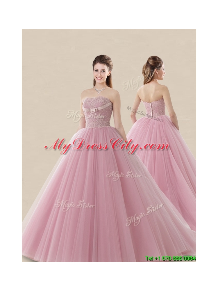 New Arrivals Brush Train Baby Pink Sweet 16 Dress with Lace and Bowknot