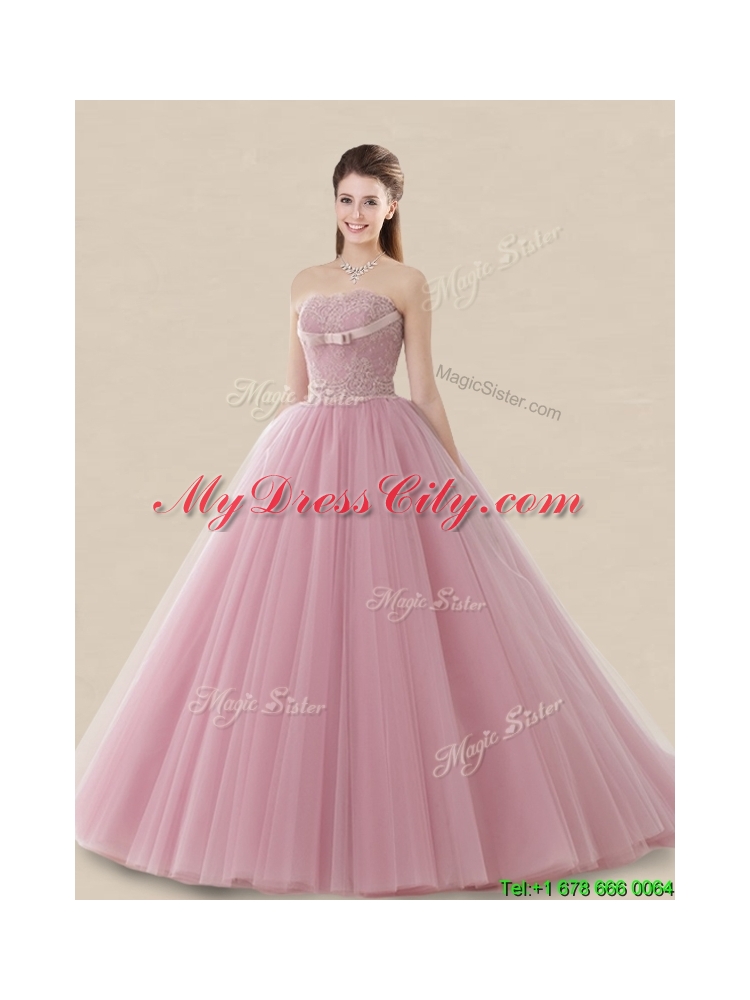 New Arrivals Brush Train Baby Pink Sweet 16 Dress with Lace and Bowknot