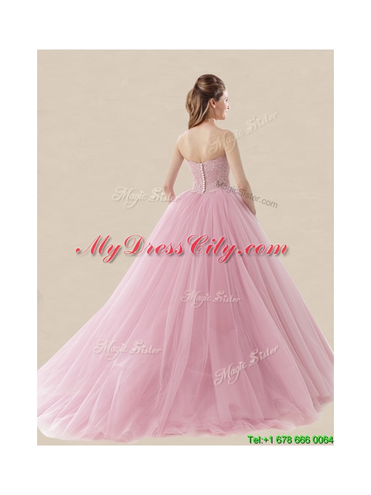 New Arrivals Brush Train Baby Pink Sweet 16 Dress with Lace and Bowknot