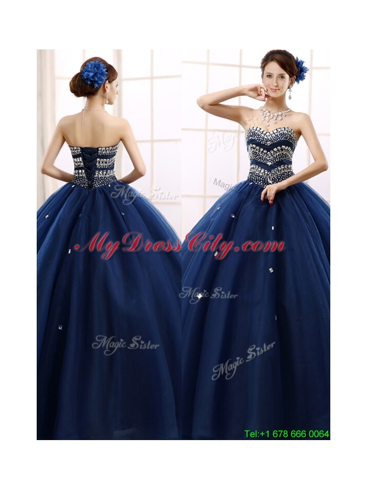 New Style Rhinestoned Big Puffy Sweet 15 Dress in Navy Blue