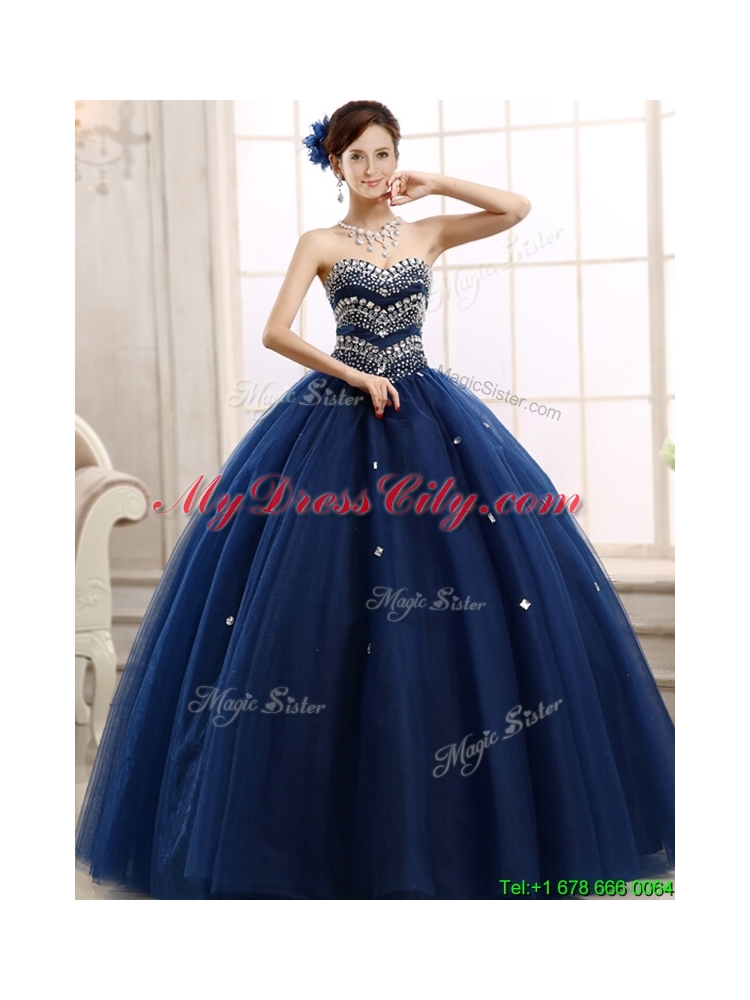 New Style Rhinestoned Big Puffy Sweet 15 Dress in Navy Blue