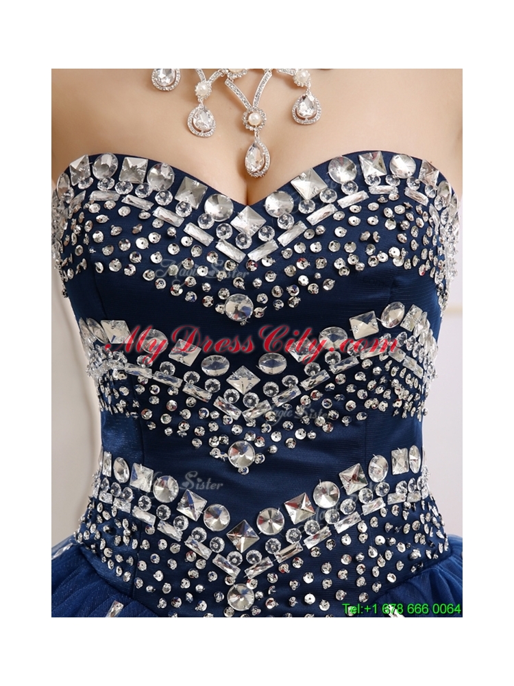 New Style Rhinestoned Big Puffy Sweet 15 Dress in Navy Blue