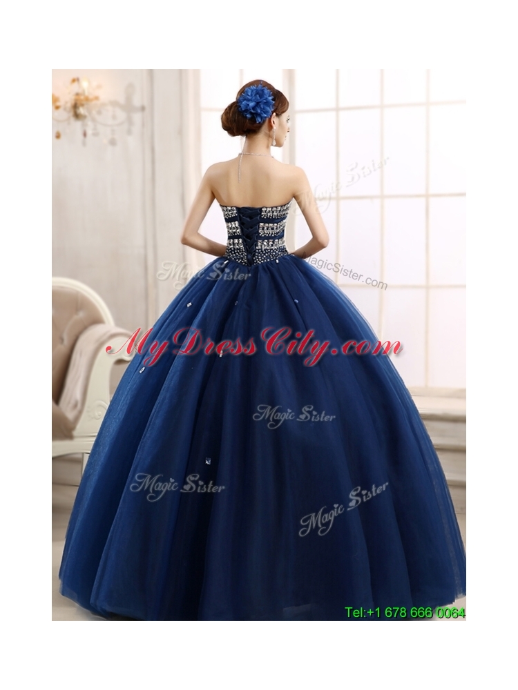 New Style Rhinestoned Big Puffy Sweet 15 Dress in Navy Blue