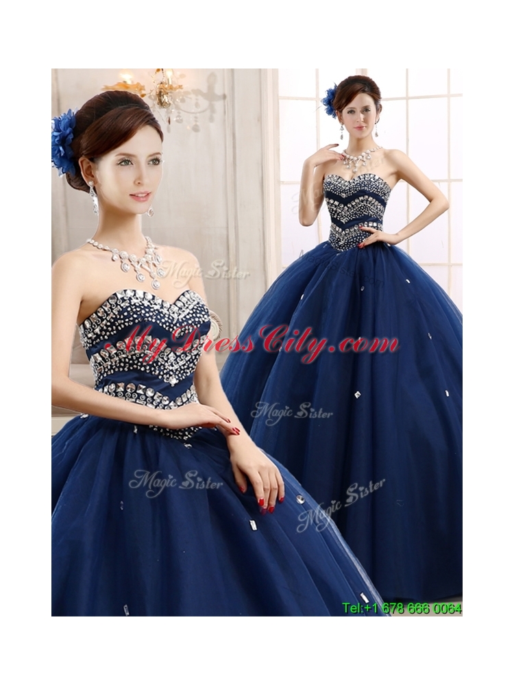 New Style Rhinestoned Big Puffy Sweet 15 Dress in Navy Blue