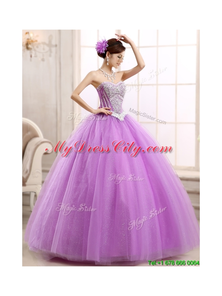 Pretty Lilac Really Puffy Tulle Sweet 16 Dress with Beading