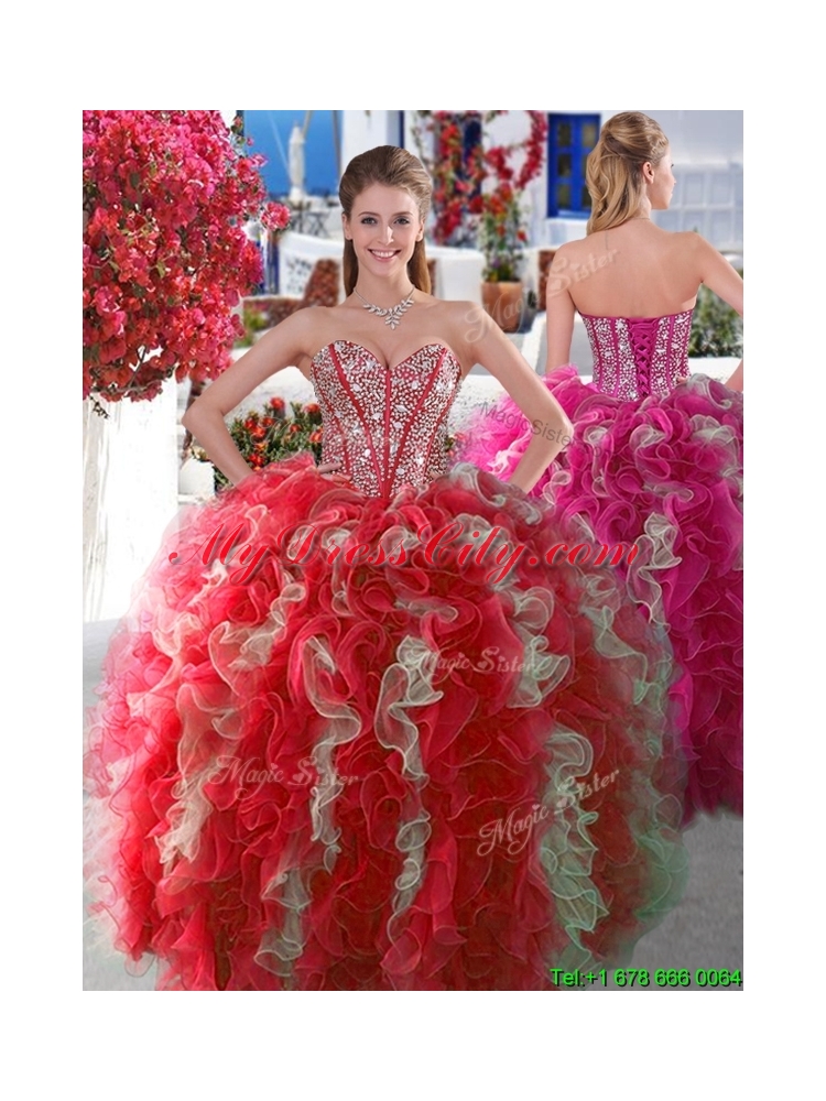 Beautiful Beaded and Ruffled Visible Boning Sweet 15 Dress in Red and White