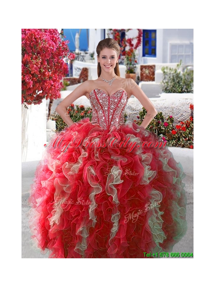 Beautiful Beaded and Ruffled Visible Boning Sweet 15 Dress in Red and White