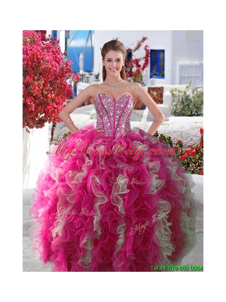 Beautiful Beaded and Ruffled Visible Boning Sweet 15 Dress in Red and White