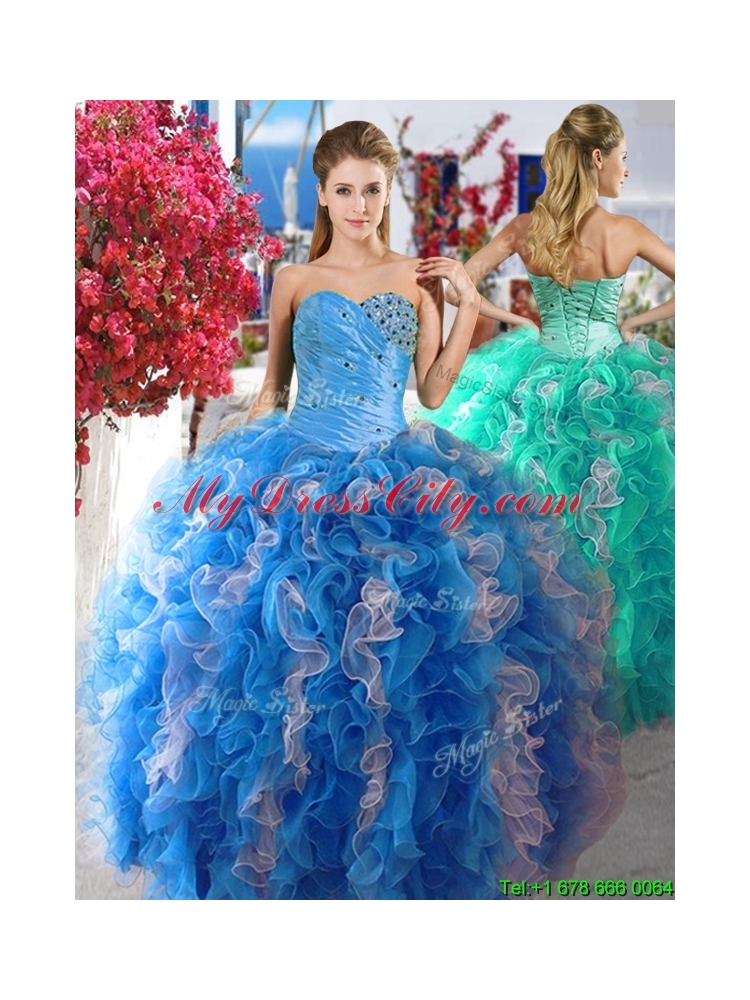 Discount Beaded and Ruffled Organza Blue and White Quinceanera Gown