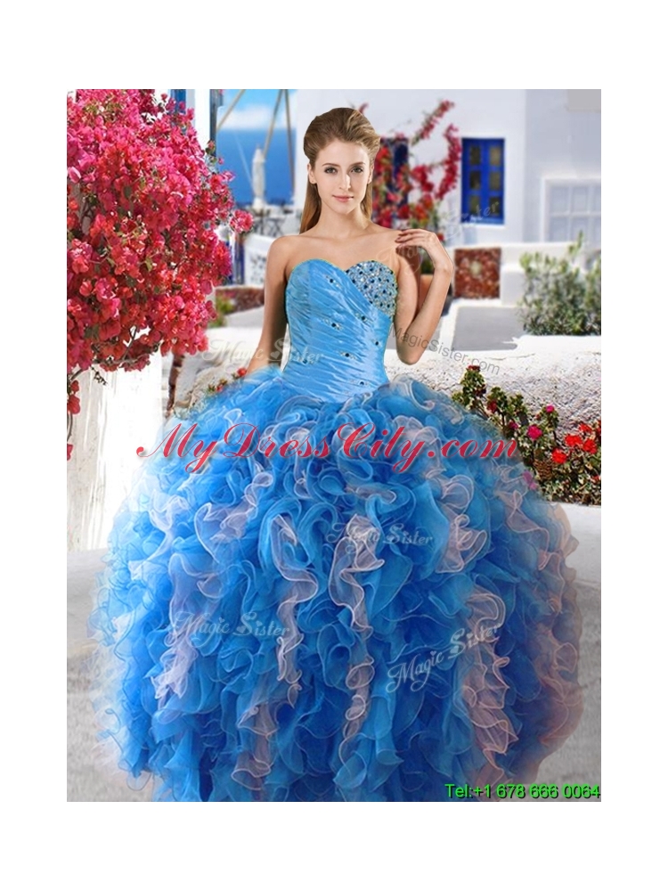 Discount Beaded and Ruffled Organza Blue and White Quinceanera Gown