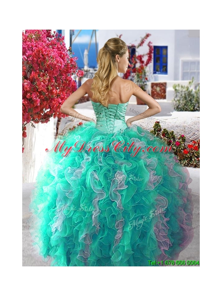 Discount Beaded and Ruffled Organza Blue and White Quinceanera Gown