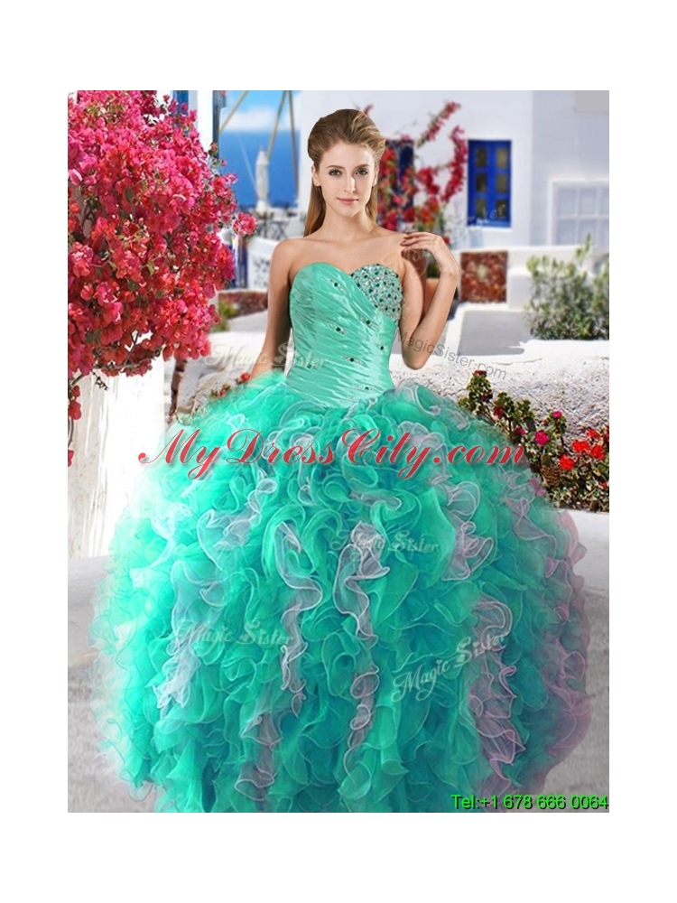 Discount Beaded and Ruffled Organza Blue and White Quinceanera Gown