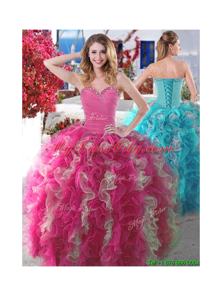 Luxurious Beaded and Ruffled Sweet 16 Dress in Hot Pink and Champagne