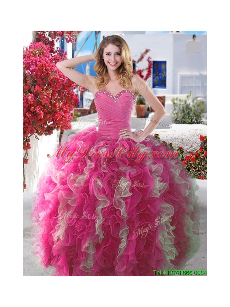 Luxurious Beaded and Ruffled Sweet 16 Dress in Hot Pink and Champagne