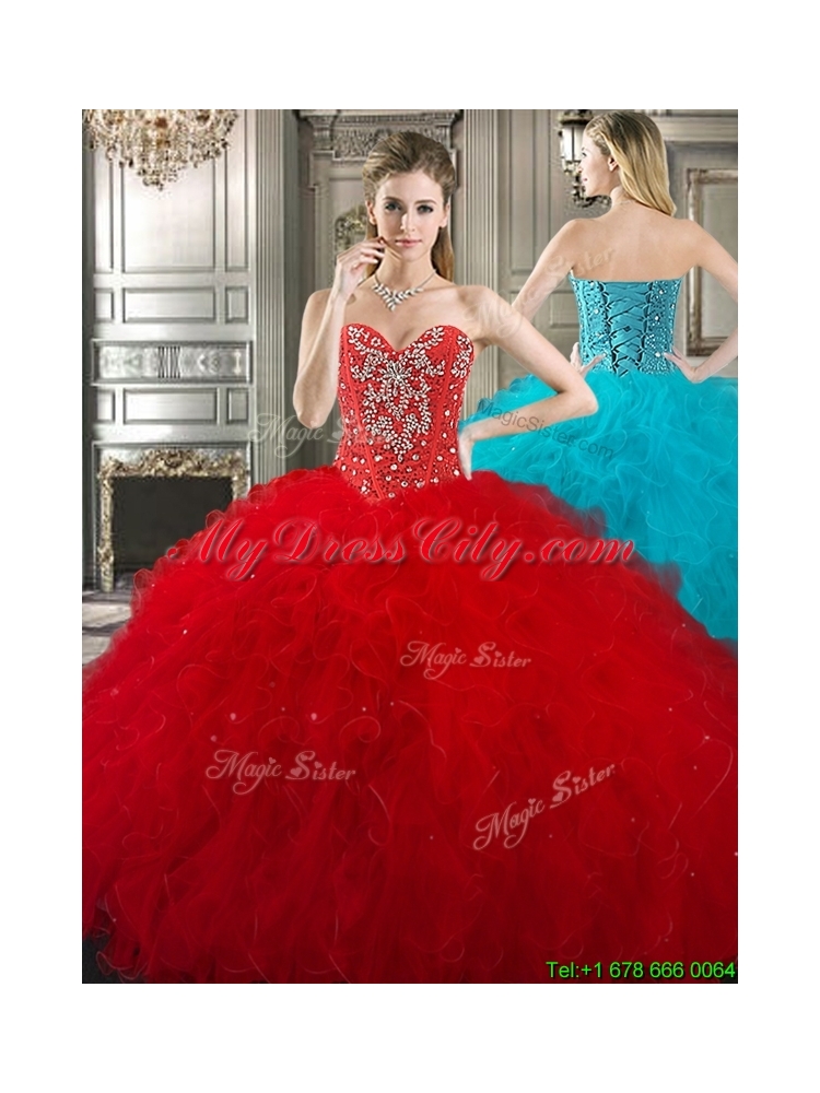 New Arrivals Ball Gown Beaded Red Tulle Sweet 16 Dress in Red