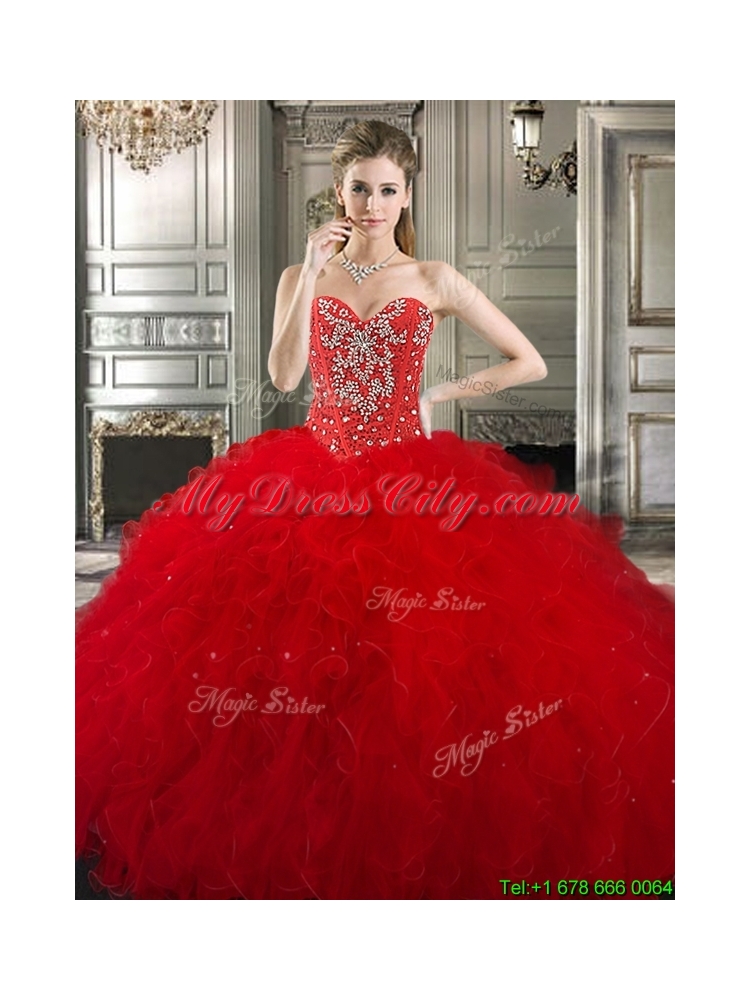 New Arrivals Ball Gown Beaded Red Tulle Sweet 16 Dress in Red