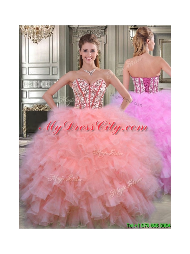 Perfect Visible Boning Watermelon Quinceanera Gown with Beaded Bodice and Ruffles